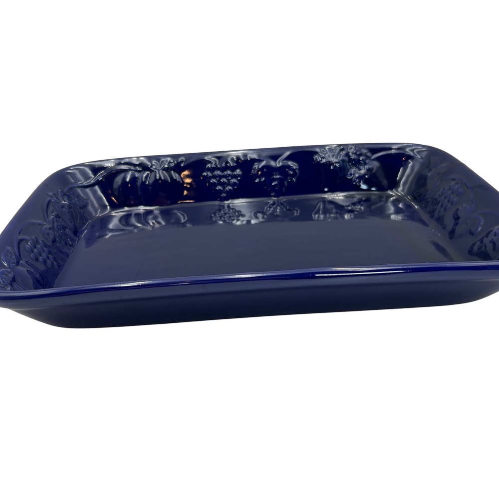VTG Cobalt Blue Ceramic Rectangular Baking Dish Embossed Fruit Harvest 14x9